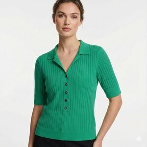 KARL LAGERFELD PARIS Rib Knit Short Sleeve Polo Style Sweater Emerald Green XL